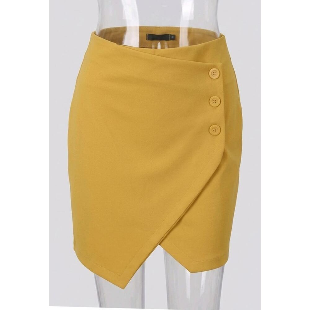 Faux Wrap Pencil Skirt Womens XL Yellow Button Detail Asymmetrical Est 1946 - Picture 1 of 11